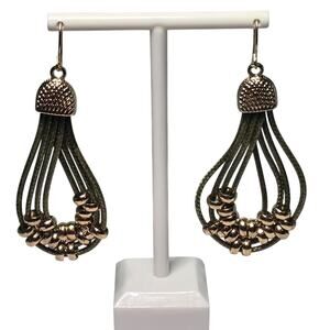 Beautiful Vintage Olive Green Loop Beaded Drop Dangle Earrings in Gold Tones